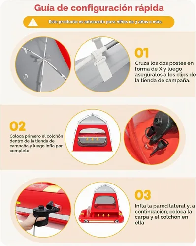 Vista 7 de QPAU Cama de viaje inflable para niños pequeños con tienda de campaña y Rojo