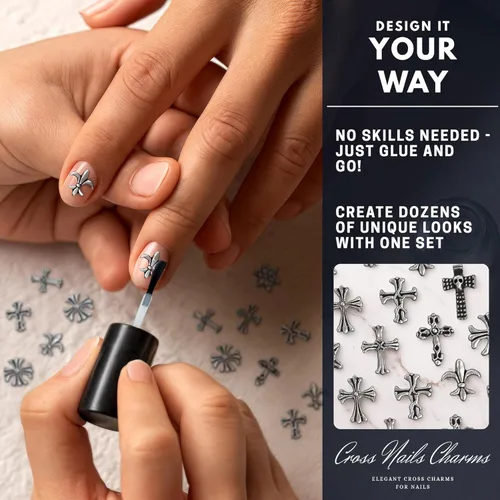 Vista 7 de 120 dijes de uñas con cruz plateada, acrílico 3D, para prensado y gel 120 dijes de cruz plateada para uñas