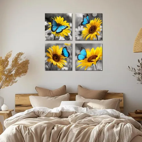 Vista 116 de Wall HDQ Arte de pared de flores para baño, dormitorio, sala de estar, decoración de pared azul y naranja, pintura floral, lienzo impreso, imagen