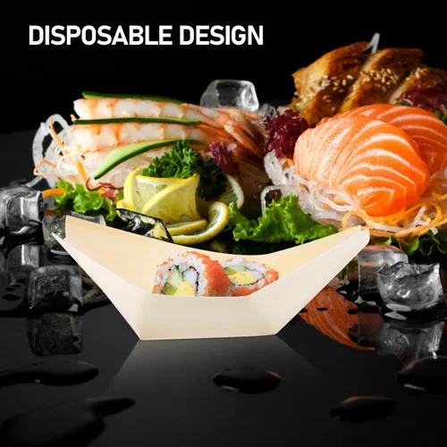 Vista 6 de Hemoton Platos de madera desechables de bambú para barcos de madera, mini sushi, bandeja para servir sushi, bandeja para servir sushi con hojas