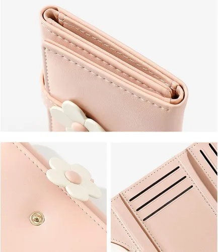 Vista 4 de LJCZKA Bonita cartera pequeña para niñas y mujeres, bloqueo RFID, piel sintética, tres plegadas, bolsillo para efectivo con tarjetero y billetera
