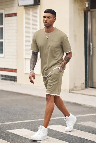 Vista 65 de COOFANDY Conjunto de camisa y pantalones cortos de gofre para hombre, conjunto de 2 piezas, conjunto casual de verano con bolsillos