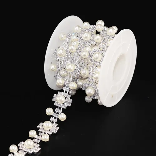 Vista 14 de Jerler Cadena de diamantes de imitación de cristal de 1 yarda, cuentas de perlas incrustadas para decoración de bricolaje y adornos de novia, ideal