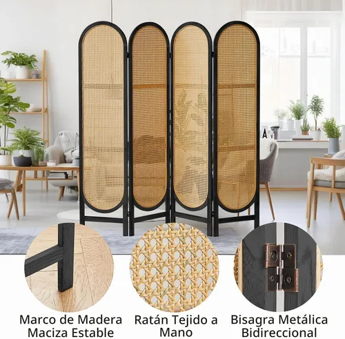 Vista 2 de Divisor de habitación de 4 paneles, divisor de habitación plegable de madera con doble bisagra, pantalla de privacidad individual hecha de ratán