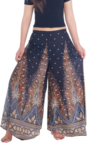 Vista 5 de Lannaclothesdesign Boho Palazzo Pants Women Pavo real colorido negro