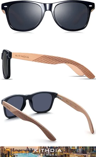 Vista 3 de Kithdia gafas de sol de madera de bambú hechas a mano para hombres y mujeres con lente polarizada - gafas de sol de madera S7061