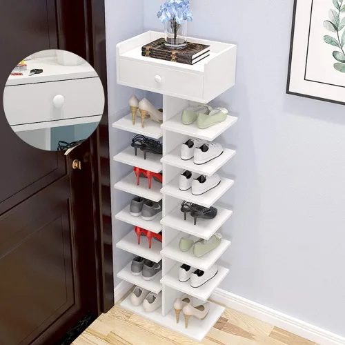 Vista 4 de Zapatero multicapa con cajón, blanco, ajustable de 8 niveles, 15.74 x 48 x 8.66 pulgadas