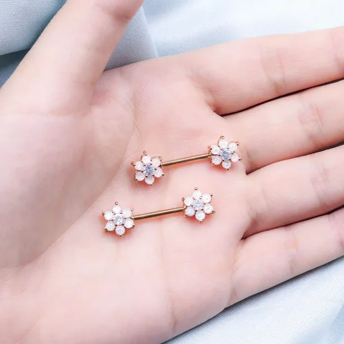 Vista 7 de CHARM ONLINE Piercing para pezón con flor de ópalo de 14 G para mujer