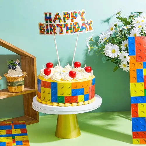 Vista 3 de Leinuosen 9 piezas de bloques de construcción para decoración de pasteles de feliz cumpleaños, bloques de construcción, suministros de construcción