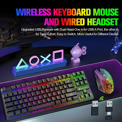 Vista 2 de Combo de teclado y mouse inalámbricos para juegos con retroiluminación LED arcoíris sin llave de 87 teclas, batería recargable de 3800 mAh, Negro