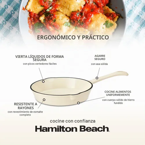 Vista 5 de Sartén de Hierro Fundido Esmaltada Hamilton Beach de 8 Pulgadas en Crema, Revestimiento Esmaltado en Crema, Sartén para Estufa y Horno