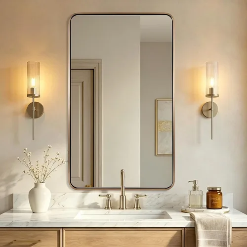 Vista 20 de Espejo de latón para baño, espejo rectangular redondeado de 22x30 pulgadas con marco de metal cepillado dorado, espejo de tocador de baño sin