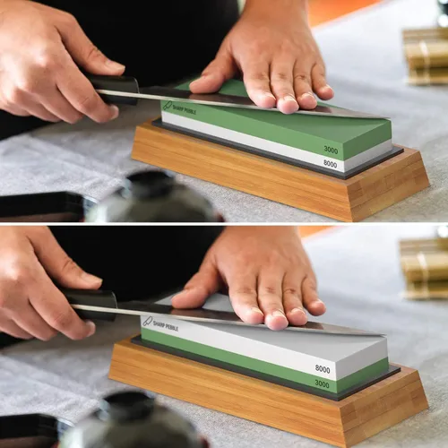 Vista 4 de Sharp Pebble Kit de piedras para afilar cuchillos con 3000/8000 y truco de cuero clásico con piedra aplanadora y compuesto verde