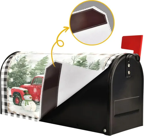 Vista 4 de Funda Magnética para Buzón Feliz Navidad Camión Árbol Tamaño Grande Muñeco de Nieve de Invierno Cuadros Buffalo Fundas para Buzón Tamaño Estándar