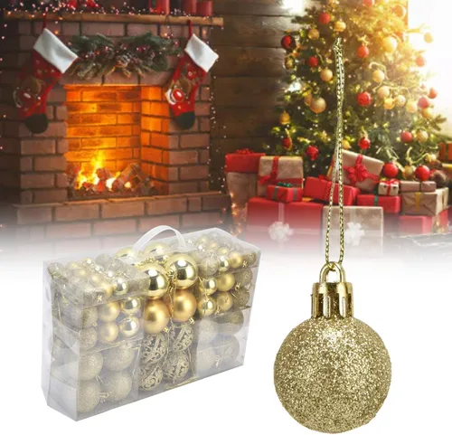 Vista 7 de Juego de 100 adornos de bolas de Navidad, decoraciones colgantes de temporada, bolas de Navidad de plástico inastillables, juego a granel para Dorado