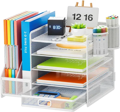 Vista 19 de Marbrasse - Organizador de escritorio con soporte para archivos, organizador de bandejas para papel tamaño carta de 5 niveles con cajón y 2 soportes
