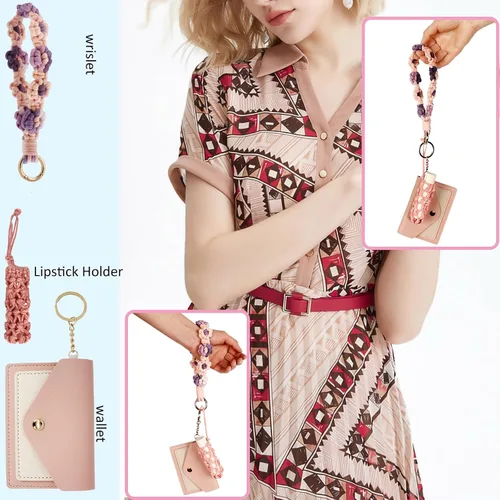 Vista 95 de BIHRTC Llavero de pulsera boho con soporte para lápiz labial, pulsera hecha a mano
