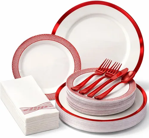 Vista 10 de By Madee HEAVYweight - Juego de vajilla desechable de 175 piezas con borde verde para 25 invitados