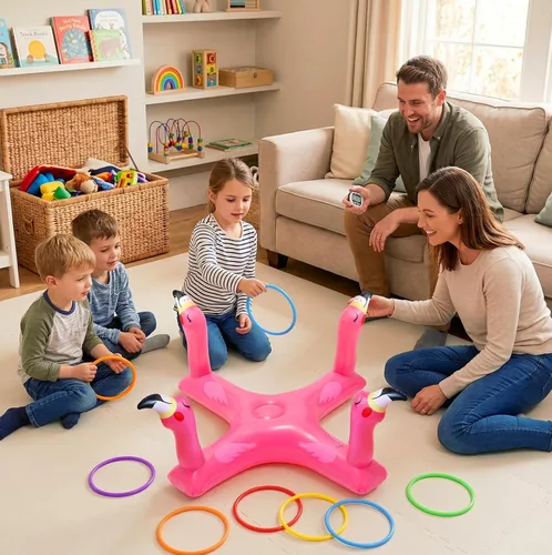 Vista 7 de Uniqhia Anillo inflable para piscina con 6 anillos, juego de piscina flotante de tiburón y flamenco con 6 anillos, juegos de piscina para niños