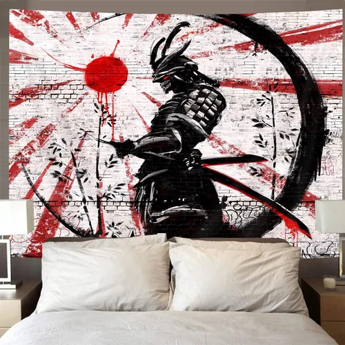 Vista 4 de iTapnoom Tapiz decorativo de arte samurái japonés para colgar en la pared para dormitorio, póster de anime rojo y negro con sol y luna para hombres