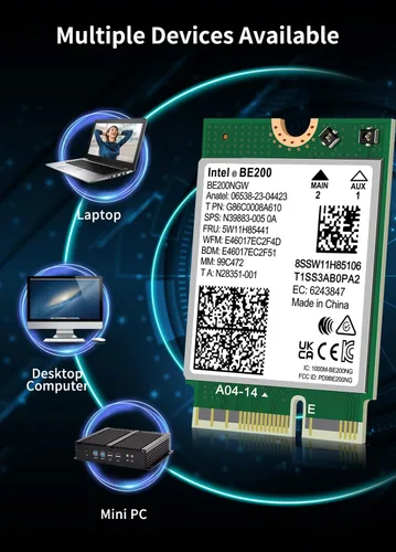 Vista 6 de Tarjeta WiFi 7 Intel BE200 NGW, Bluetooth 5.4, 5800Mbps M.2/NGFF, compatible con Windows 10/11 (64bit), Linux, no compatible con AMD, solo