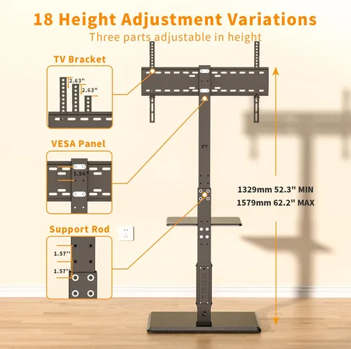 Vista 3 de Afaloona Soporte universal para TV de suelo, soporte de TV con toma de corriente y estante extraíble para TV de 32 a 75 pulgadas de hasta 110