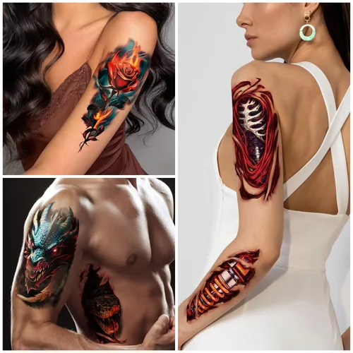 Vista 4 de 77 hojas de tatuajes temporales realistas en 3D para adultos y niños, calavera de araña, tigre, león, dragón, serpiente, tatuajes temporales