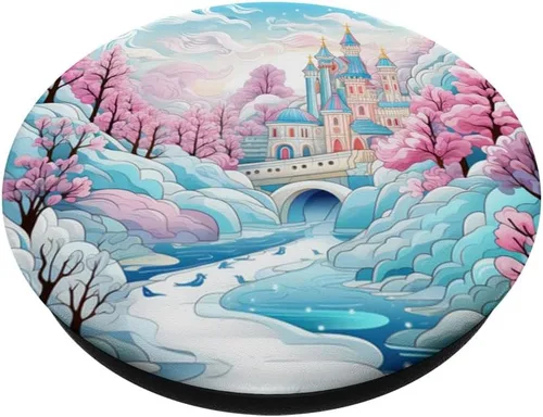 Vista 2 de Castillo de cuento de hadas Acuarela de invierno Fantasía caprichosa Río PopSockets intercambiables PopGrip