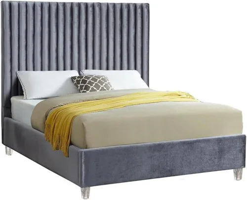 Vista 11 de Meridian Furniture CandaceCream-F Colección Candace Moderna Cama matrimonial tapizada de terciopelo contemporánea, tela de terciopelo crema