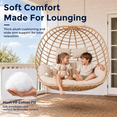 Vista 5 de SWITTE Silla doble colgante con forma de huevo con soporte, columpio de mimbre para exterior, 2 plazas, con cojín, para patio, dormitorio