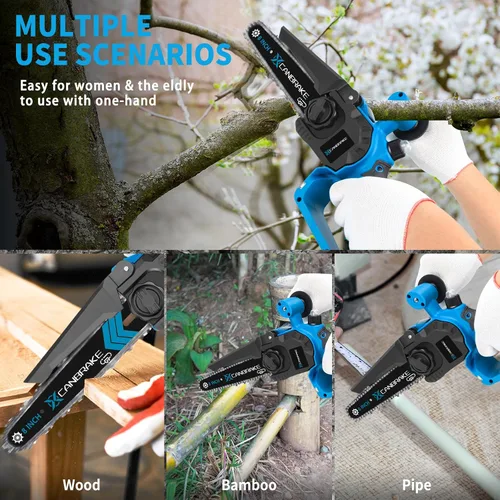 Vista 8 de Mini motosierra inalámbrica, de 8 y 6 pulgadas con 2 baterías de 4.0 Ah, 4 cadenas, 4 placas guía, indicador LED, motosierra eléctrica sin