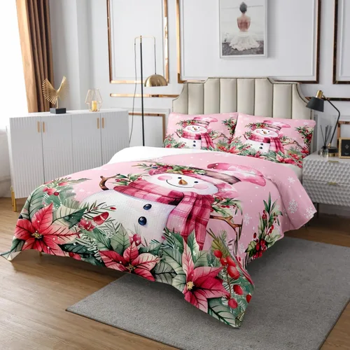 Vista 2 de Manfei Colcha de muñeco de nieve de Navidad, tamaño King, colcha acolchada con 2 fundas de almohada, juego de colcha rosa de Navidad de 3 piezas