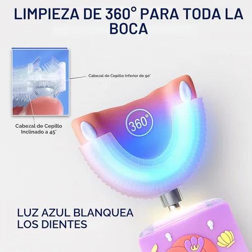 Vista 4 de Cepillo de dientes eléctrico en forma de U para niños, sirena, de 2 a 7 años Maglev Motor Sonic - Limpieza de boca completa con 5 cabezales