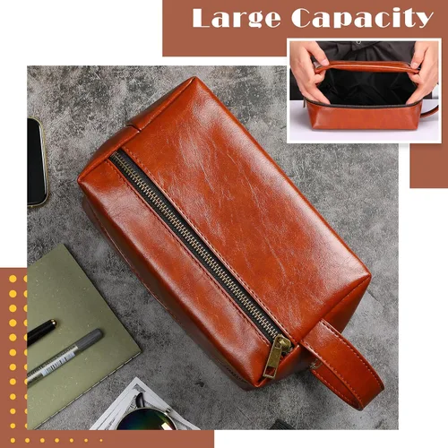 Vista 3 de Hillban 10 piezas de regalo de padrinos de boda bolsa de aseo de cuero para hombre, kit de afeitado de viaje, bolsa de baño, maquillaje, suministros