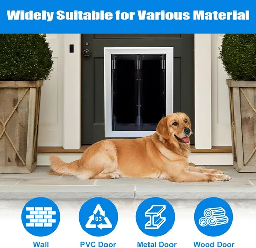 Vista 6 de Puerta de aluminio para mascotas con paneles, puerta duradera para perro con solapas magnéticas de cierre automático, panel deslizante y 4