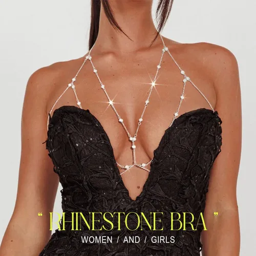 Vista 4 de Asooll Brasier bohemio en capas, cadena de cuerpo de cristal brillante, cadena de pecho para playa, BIkini fiesta, club, joyería corporal