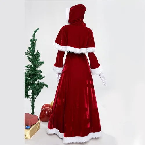 Vista 6 de Sinifer 4 piezas de lujo de Mrs. Santa Claus terciopelo con capucha para mujer