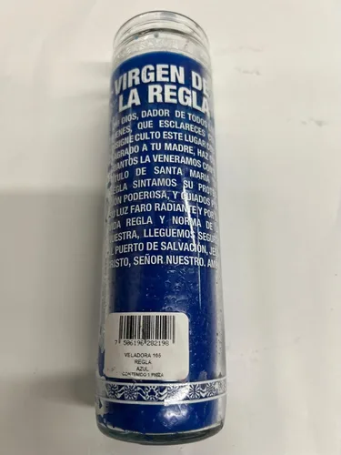 Vista 2 de Nuestra Señora de Regla (Virgen De La Regla) Vela de Pilar Azul Sin Perfume en Vidrio