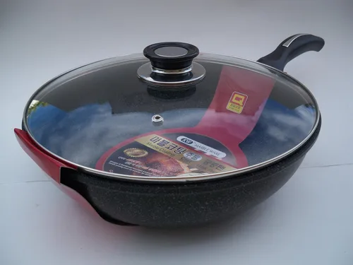 Vista 5 de Wok de cerámica con revestimiento de mármol fundido de aluminio antiadherente con tapa de cristal, 9.4 in