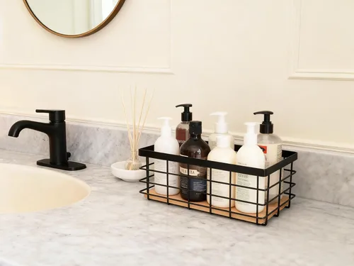 Vista 4 de ShabbyDecor Cesta de alambre de metal desmontable con base de madera, organizador de almacenamiento, cesta colgante para armarios de cocina, baño