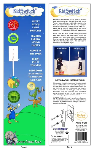 Vista 5 de Kidswitch Extensor de interruptor de luz para niños (paquete de 3, tema de dinosaurio) - Extensión de interruptor de palanca que brilla