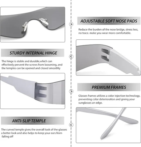 Vista 6 de NULOOQ Y2K - Gafas de sol futuristas envolventes sin montura para mujeres y hombres gafas de sol de moda Cyberpunk con visera monobloque