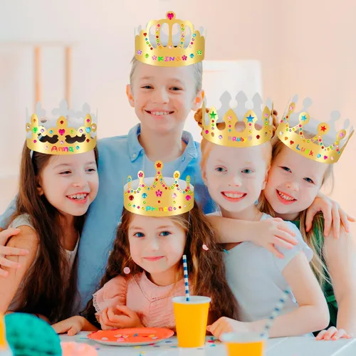 Vista 5 de Coronas de papel doradas, coronas de rey de cumpleaños de bricolaje para decorar, coronas de papel de príncipe y princesa para la clase escolar