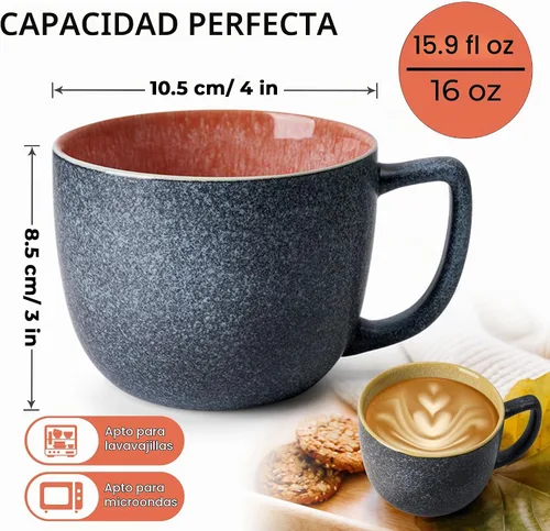 Vista 5 de MIAMIO - Juego de 6 tazas de café de gres (16 onzas) - Las Palmitas - Modern Ceramic coffee mugs for coffee, cappuccino and tea, 16 oz for