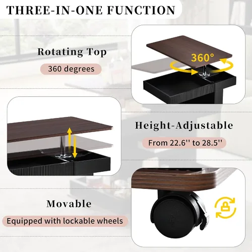 Vista 6 de Moderna mesa auxiliar ajustable con ruedas, mesa auxiliar multifuncional para sofá con elevador, parte superior giratoria de 360° y espacio