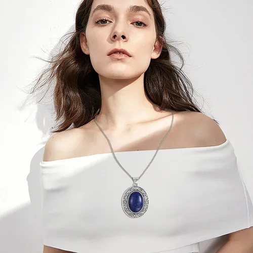 Vista 2 de Collar ovalado de piedras preciosas de acero inoxidable con colgante de cristal curativo de piedra semipreciosa para mujeres y niñas