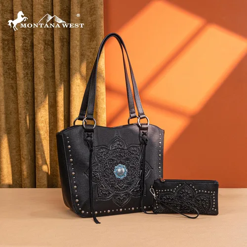 Vista 3 de Montana West Western Tooling Tote Bag with Wallet Set for Women Vintage Studded Top Handle Shoulder Handbag