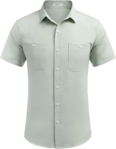 Vista 4 de COOFANDY Camisa de lino para hombre, para playa, verano, manga corta, abotonada, camisas casuales