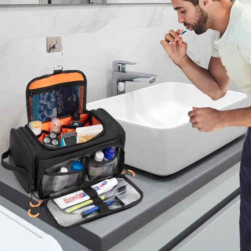 Vista 8 de Neceser táctico para hombres, bolsa de higiene colgante, kit organizador de viaje para afeitarse, artículos esenciales de ducha y artículos de aseo