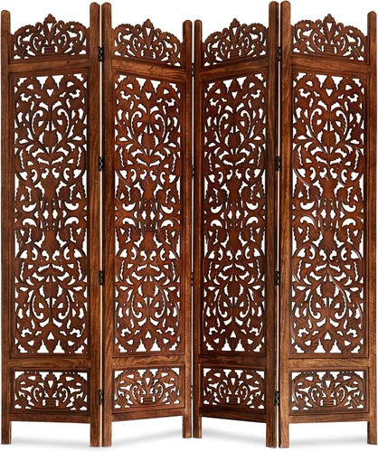 Vista 18 de Lightnpro - Divisor plegable con bisagras de madera con diseño de corazón de madera, 4 paneles con diseños intrincadamente tallados, premontado